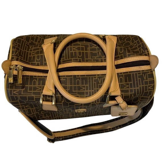 Diane Von Furstenberg DVF Brown Tan Leather Monogram Travel  Duffel Bag Tote - Picture 5 of 13